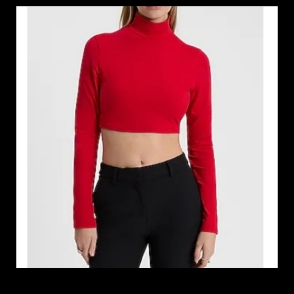 Body Contour Stretch Cotton Turtleneck Cropped Tee Lipstick Red Medium